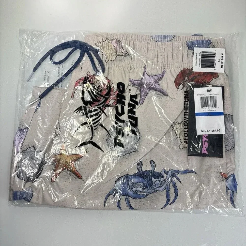Psycho Tuna Ivory Crab Starfish Bottom Feeders Swim Trunks Board Shorts NWT